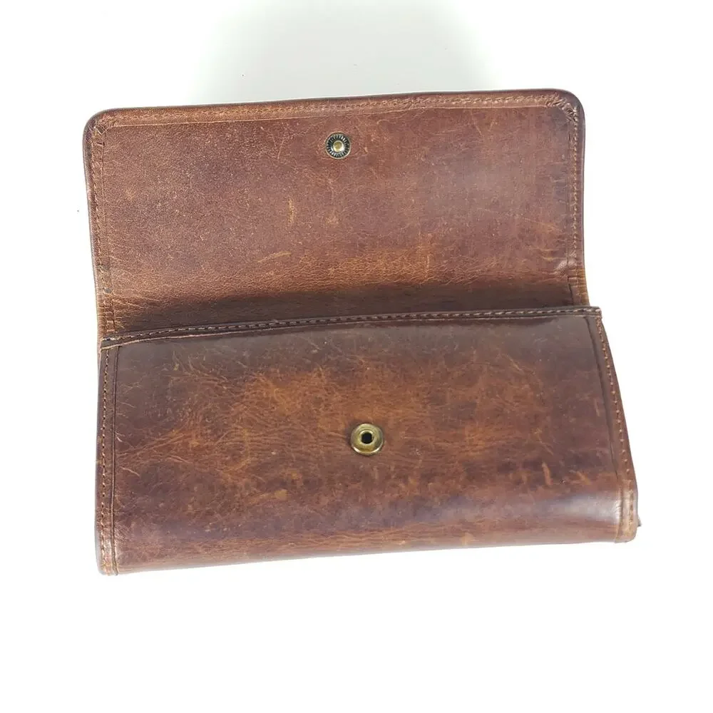 Frye Melissa Continental Cognac Brown Distressed Leather Snap Trifold Wallet - Picture 6 of 13